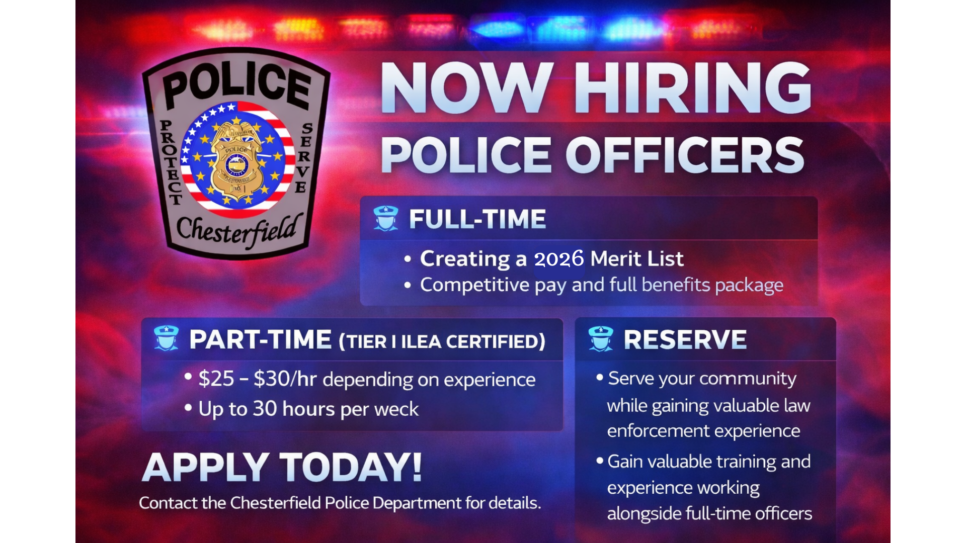 NOW HIRING – JOIN THE CHESTERFIELD POLICE DEPARTMENT